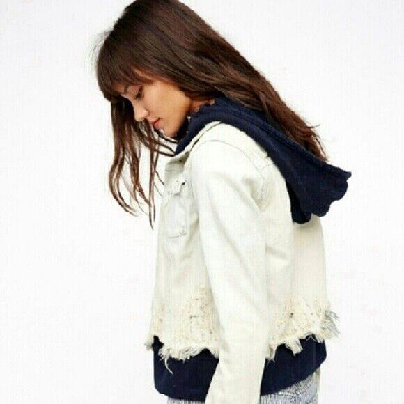 New Free People Double Weave Hooded Denim Jacket  $148 SMALL White Liberty Wash - Picture 5 of 7